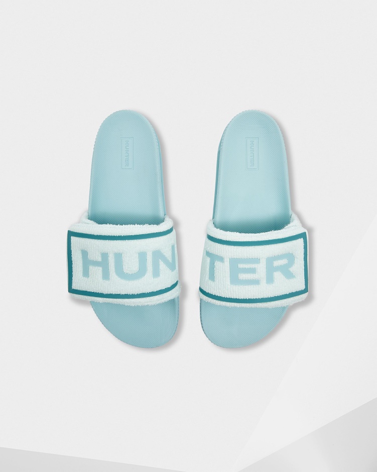 Hunter Badstof Badstof Logo Verstelbare Slippers Voor Dames Spearmint-eucalyptusblauw