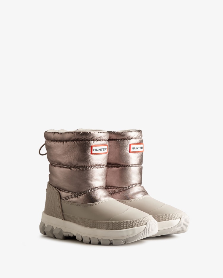 Hunter Geïsoleerde Metallic Korte Snowboots Voor Dames Donker Zilver-hagelgrijs
