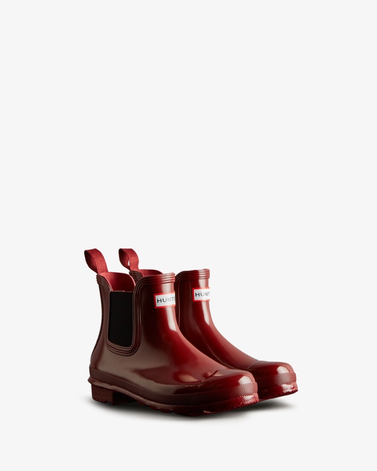 Hunter Originele Glanzende Chelsea Boots Dames Herfst Rood-zwart